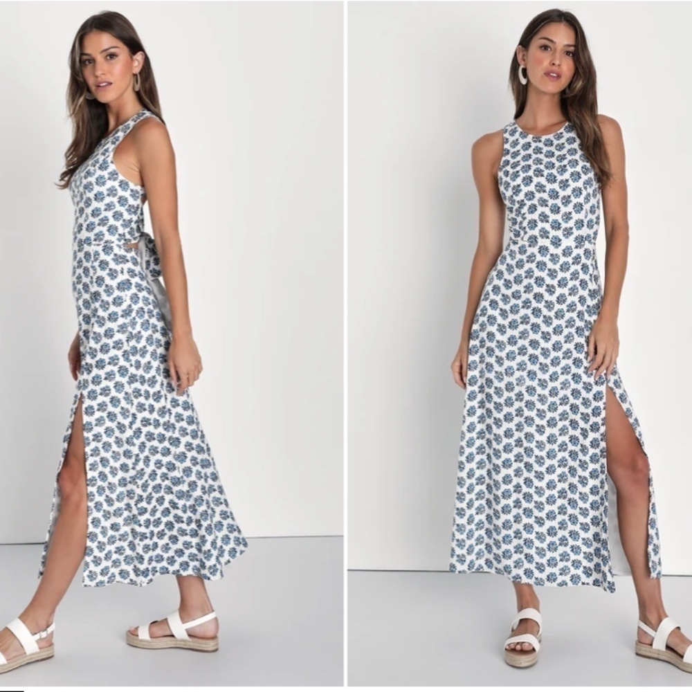 LULUS Floral Flirty Casual Brunch Vacation Beach Tie Back Midi Dress - Picture 2 of 3